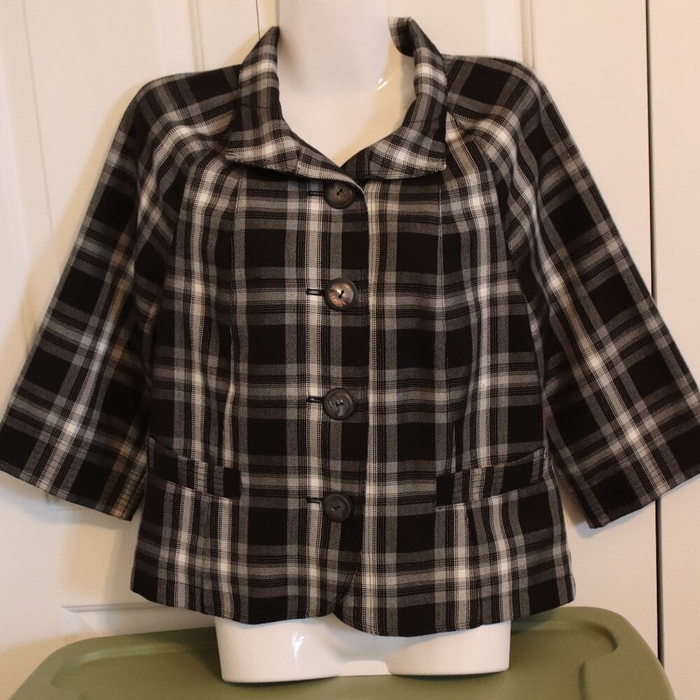Christopher & Banks Black Plaid Button Front Lined Blazer Petite size Medium